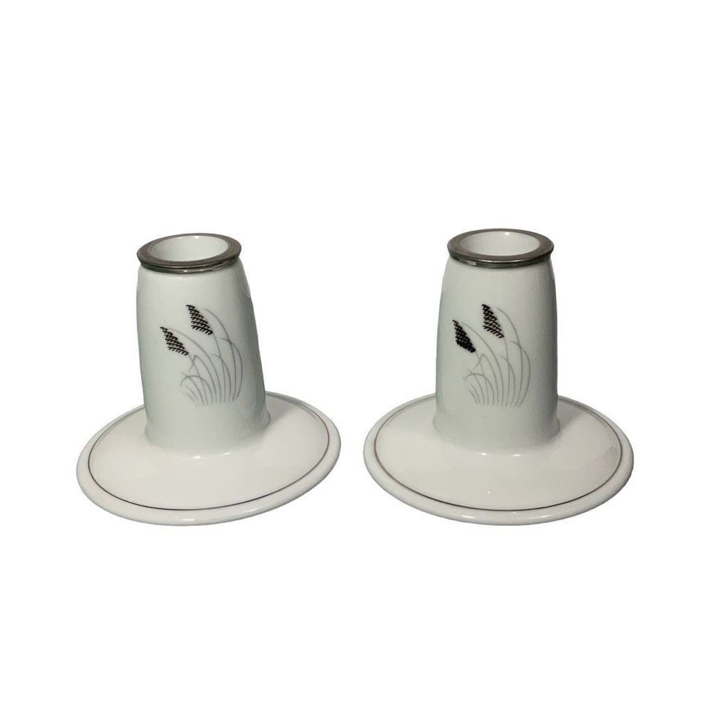 Fukagawa Arita Mid Century Modern Porcelain Taper Candle Holders Silver White